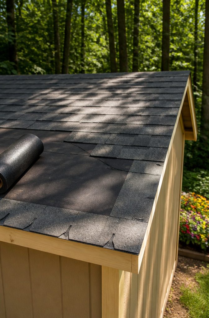 Lower section of a shed roof with shingles being installed.