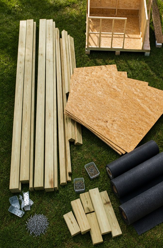Cost breakdown of materials needed for shed construction.