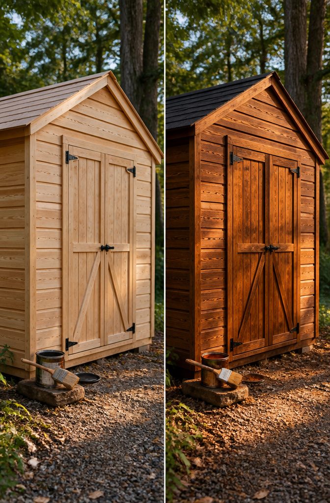 Freshly painted shed showing smooth wood surface.