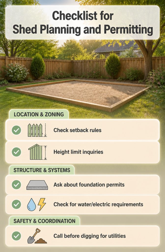 Checklist for shed planning and permitting with key points listed.