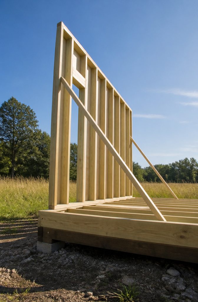 A worker raises the back wall of a shed.