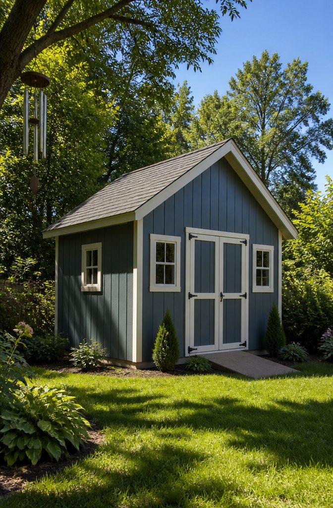 Gable-roofed shed surrounded by trees and blue sky.