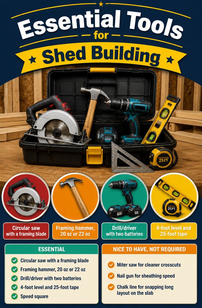 A collection of essential tools for building a shed.