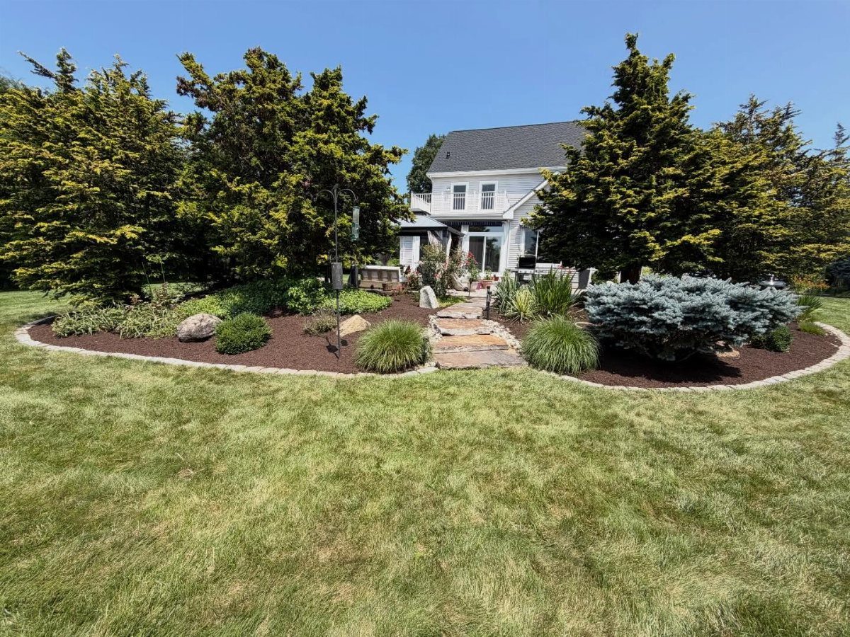 Dark brown mulch covers a landscaped garden bed with green shrubs and a stone path.