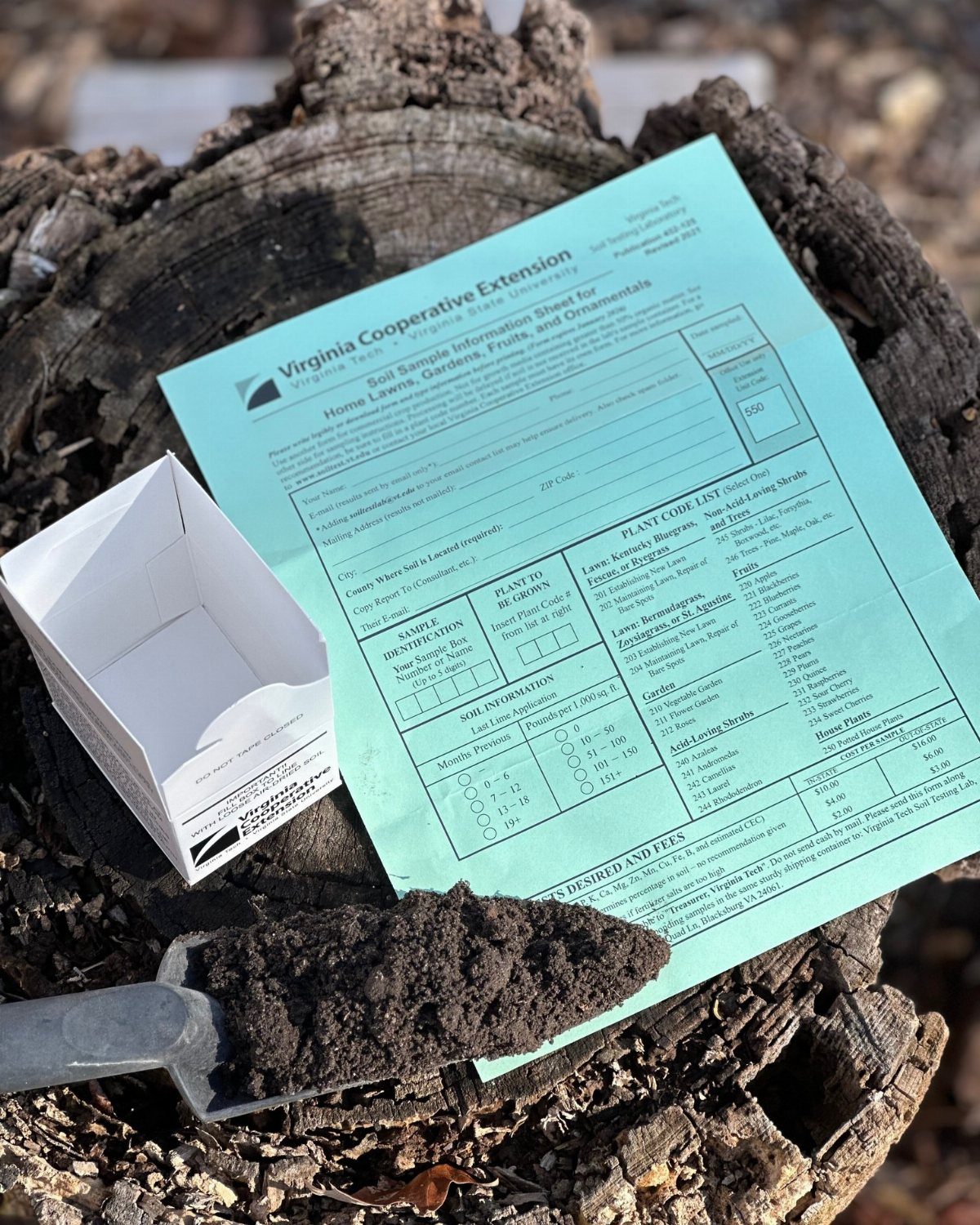 Soil sample information sheet, a small white box, and a trowel with dark soil on a tree stump.