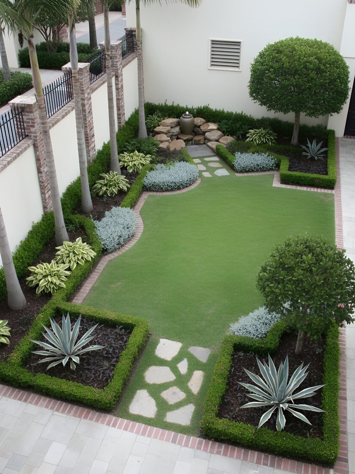 Manicured courtyard with a flat green lawn, symmetrical garden beds, palm trees, and small shrubs.