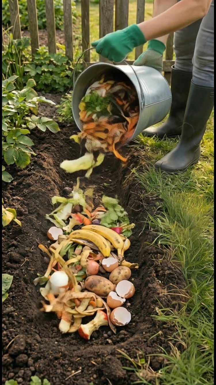 A person pouring food scraps from a metal bucket into a trench in the garden soil.