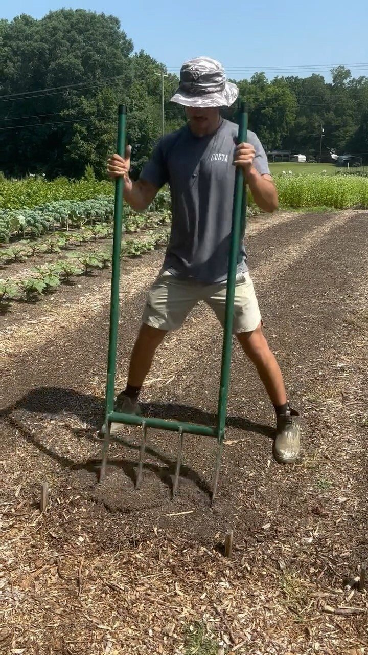 A man using a green garden fork to turn over dark soil in a garden bed.