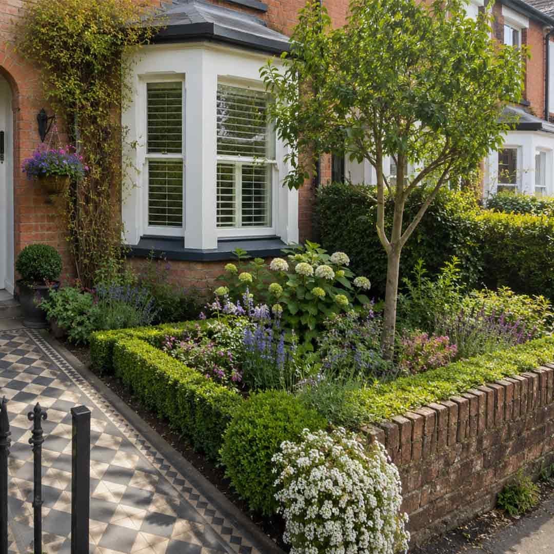 A lush front garden with a small tree, green hedges, and various flowering plants beside a brick house.