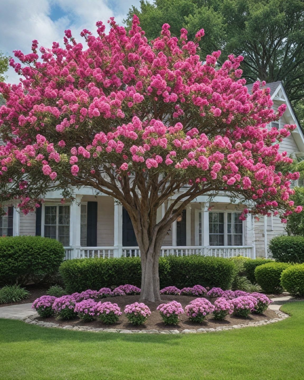 A large flowering tree with bright pink blossoms stands in a landscaped front yard garden.