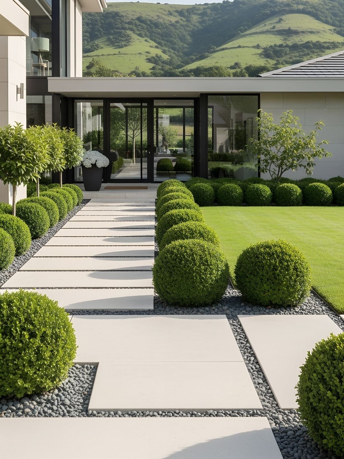 Large rectangular stone pavers create a modern walkway lined with round green shrubs and gray pebbles.