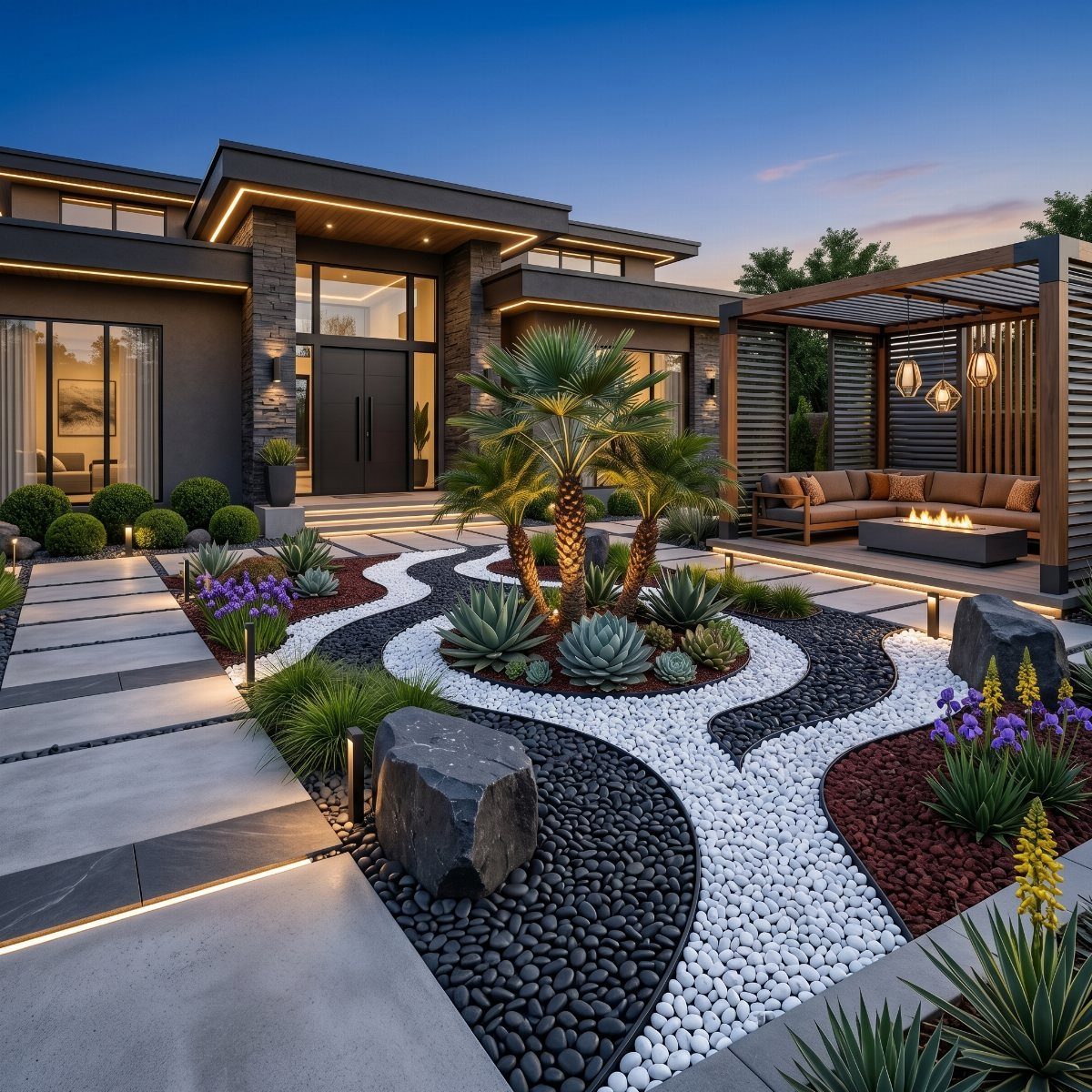 Modern house front yard with black and white pebble paths, palm trees, and desert succulents.