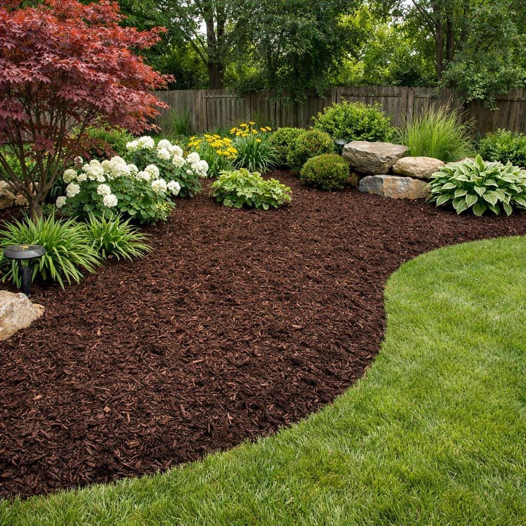 Dark brown mulch in a curved garden bed with flowering plants and a red maple tree.