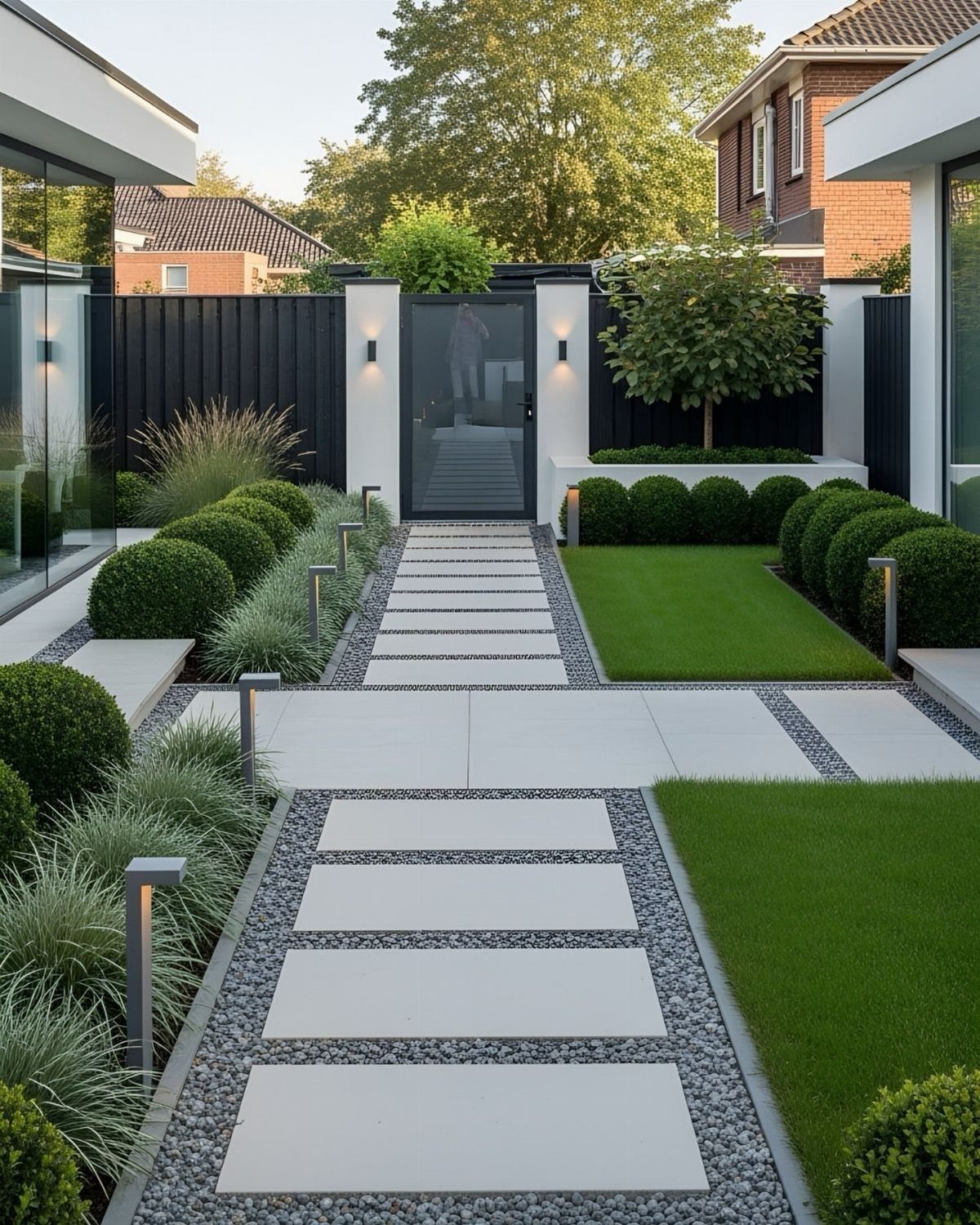 Modern rectangular stone pavers set in dark gravel surrounded by manicured grass and spherical shrubs.