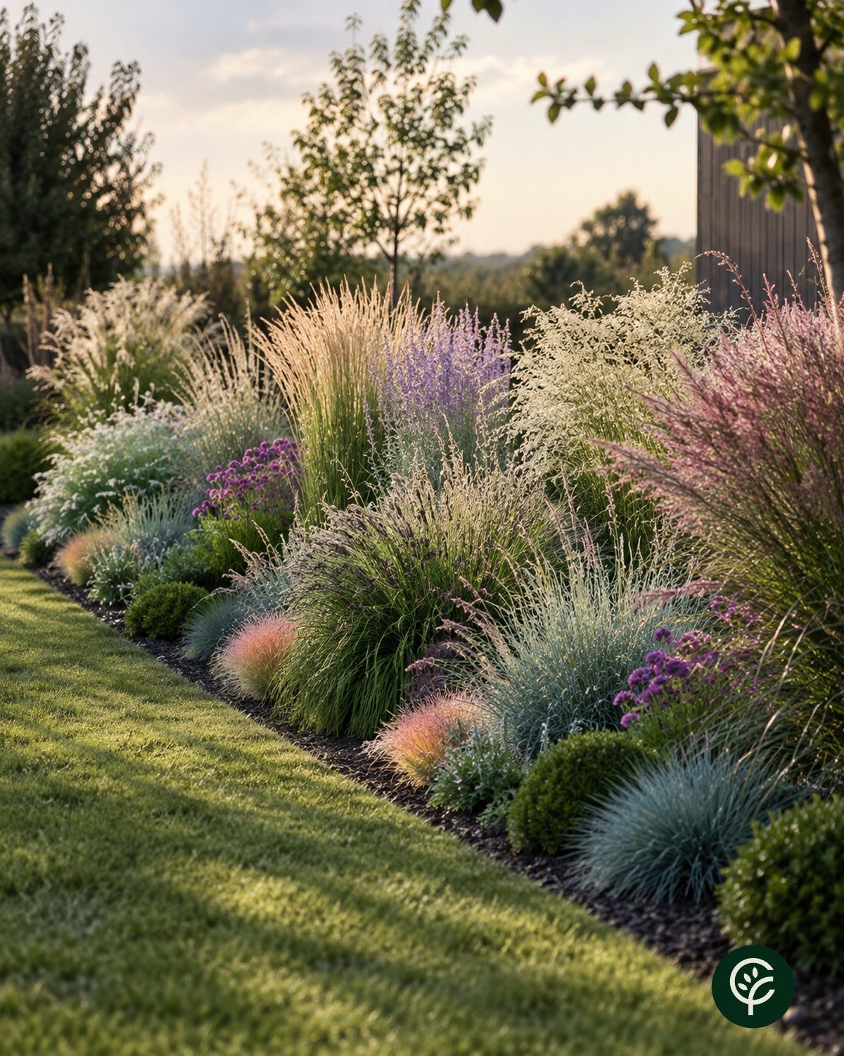 Ornamental grasses in various colors and textures lining a garden bed next to a green lawn.