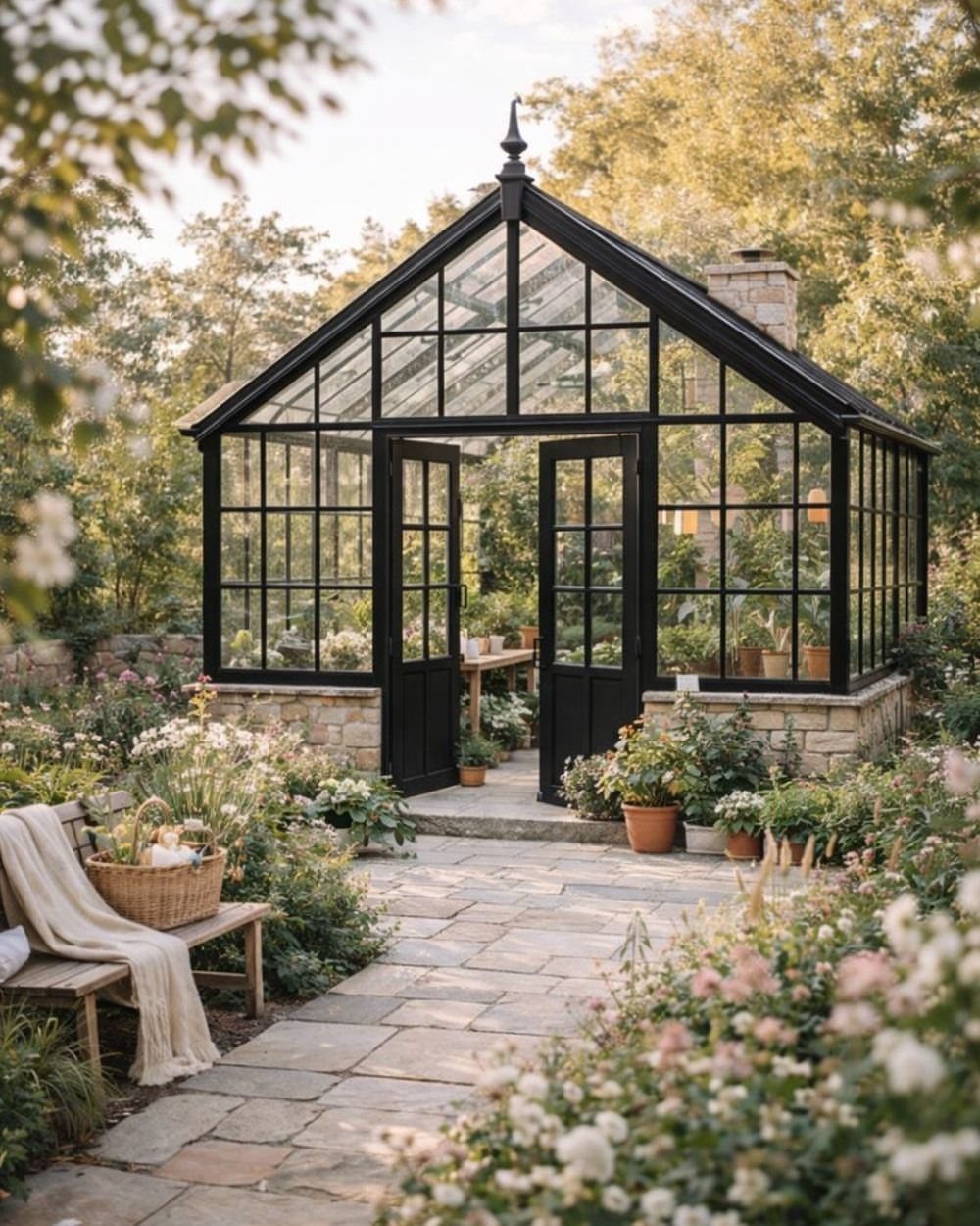 9 Modern Farmhouse Shed Ideas for 2026 2 Black-framed glass greenhouse with a gabled roof situated in a blooming garden with stone pathways.