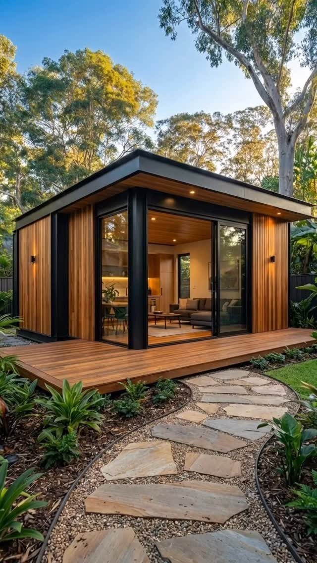 9 Modern Farmhouse Shed Ideas for 2026 8 Modern black and wood garden shed with glass doors and a wooden deck in a garden.