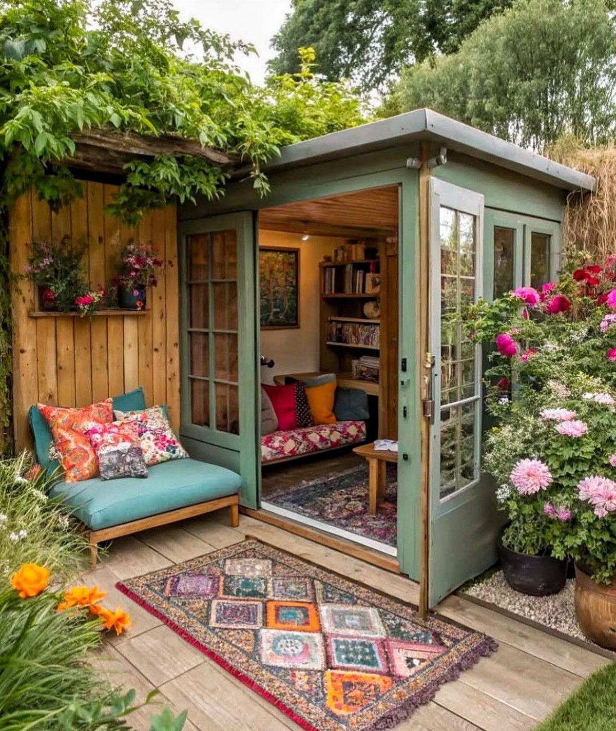 9 Modern Farmhouse Shed Ideas for 2026 6 Sage green garden shed with open doors revealing a cozy interior on a wooden deck.