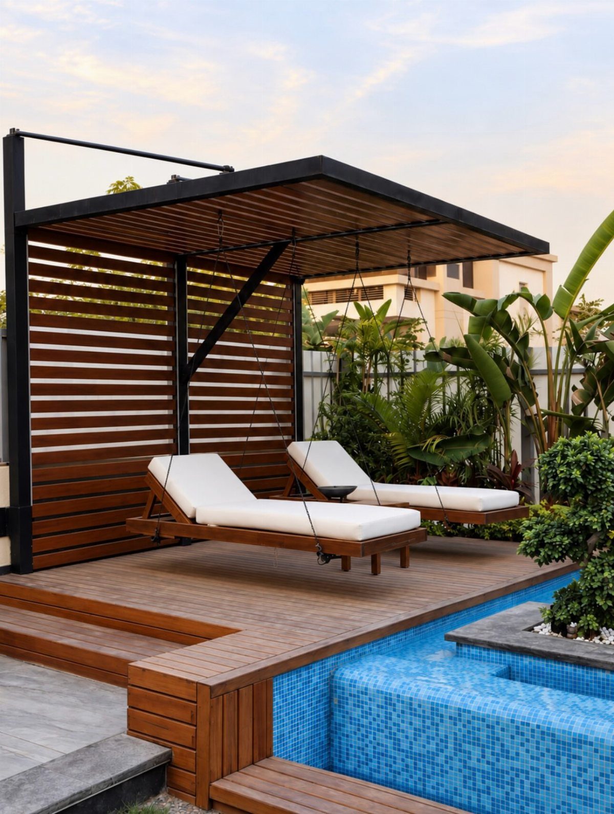 Pool Deck Ideas: 20 Designs From Breeze Blocks to Mountain Views 3 Wooden pool deck with a timber pergola, white lounge chairs, and tropical plants by a blue pool.