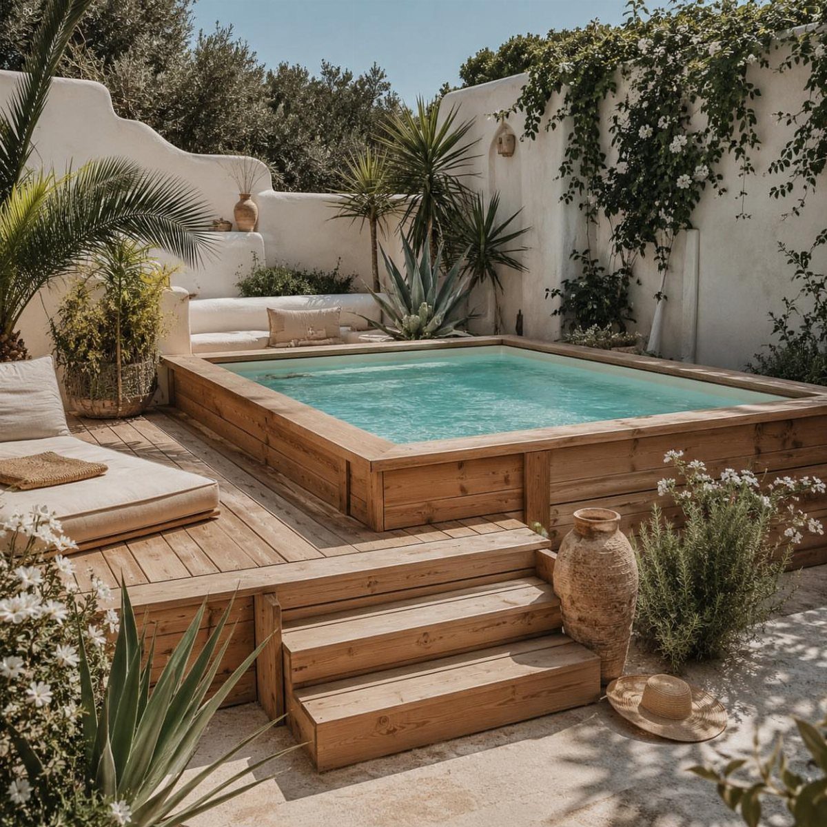 Pool Deck Ideas: 20 Designs From Breeze Blocks to Mountain Views 7 A wooden pool deck with a small turquoise pool and lush tropical plants.