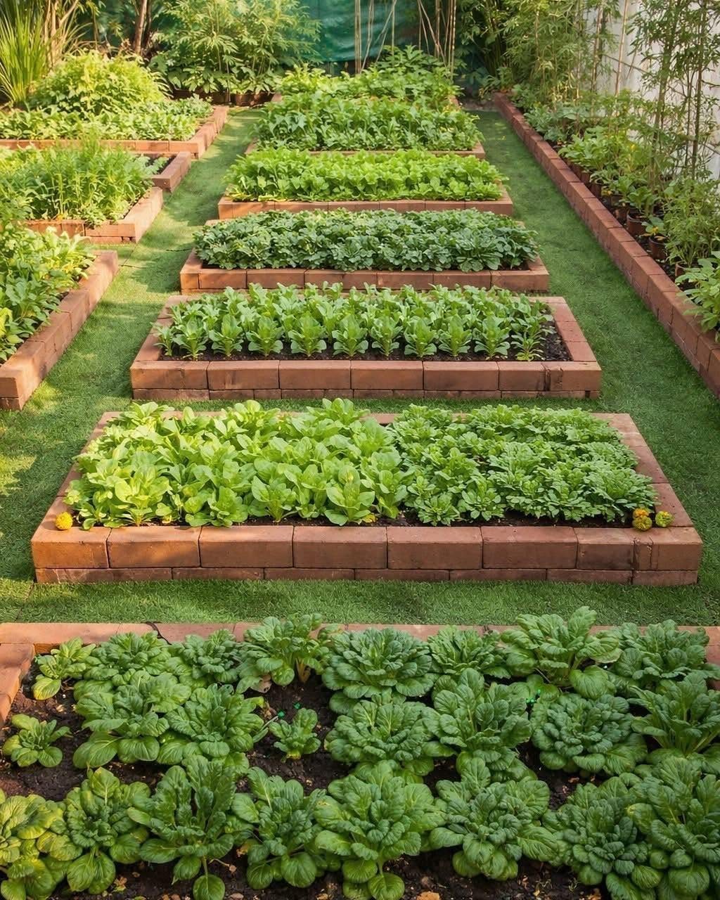 Raised Garden Beds: 9 Ideas for Materials, Layout and Drainage 3 Rectangular brick raised garden beds filled with various green leafy vegetables on a green lawn.