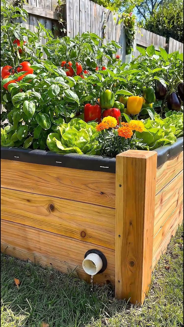 Raised Garden Beds: 9 Ideas for Materials, Layout and Drainage 9 A wooden raised garden bed overflowing with colorful peppers, lettuce, and bright orange marigolds.