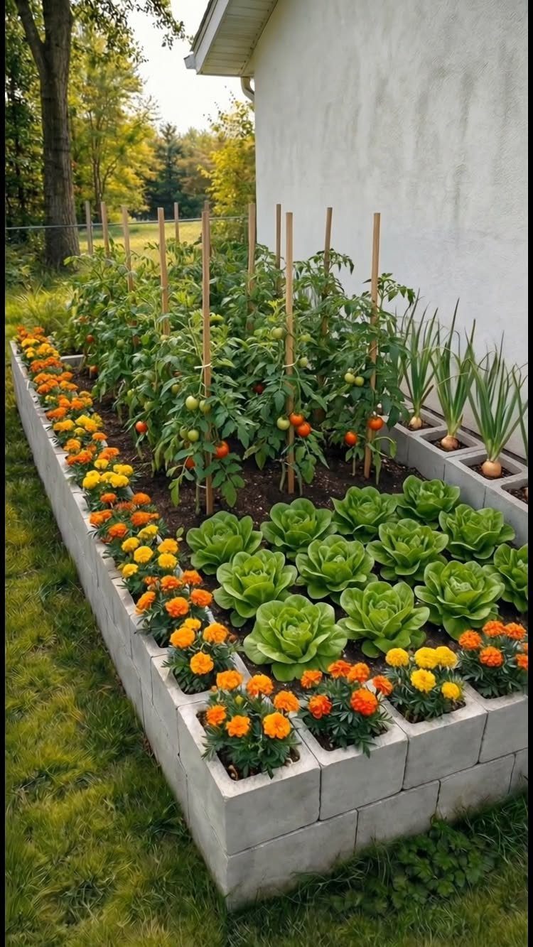 Raised Garden Beds: 9 Ideas for Materials, Layout and Drainage 4 A concrete block raised garden bed filled with lettuce, tomatoes, scallions, and orange marigolds.