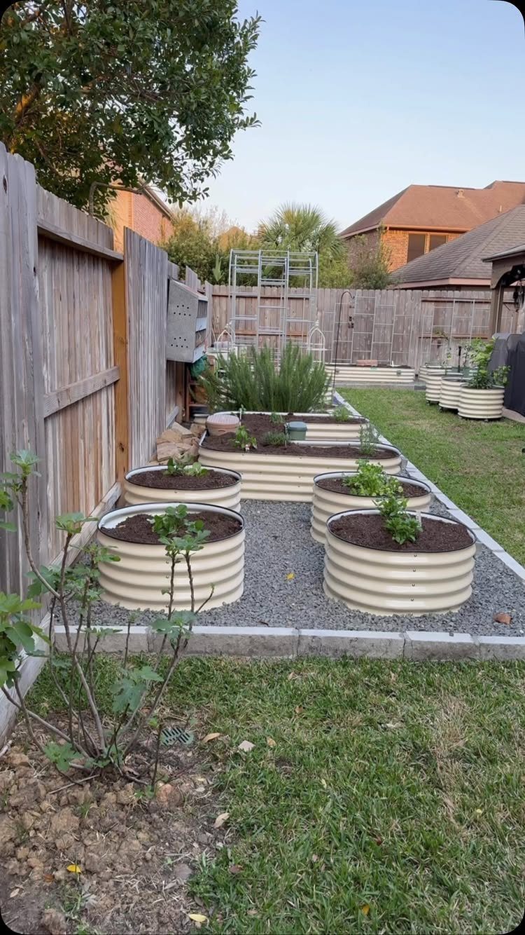 Raised Garden Beds: 9 Ideas for Materials, Layout and Drainage 7 Cream colored corrugated metal raised garden beds with small plants on a gravel surface.
