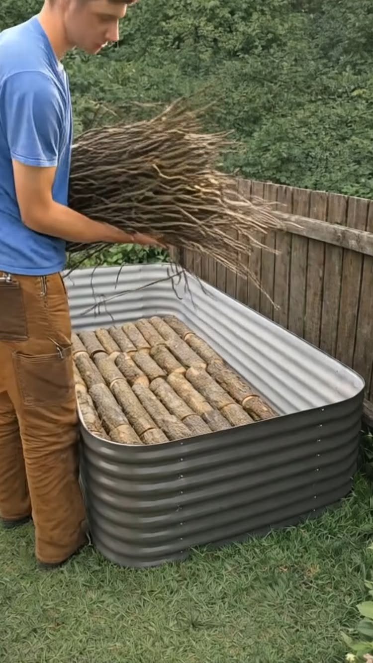 Raised Garden Beds: 9 Ideas for Materials, Layout and Drainage 8 A man placing branches into a corrugated metal raised garden bed filled with logs.