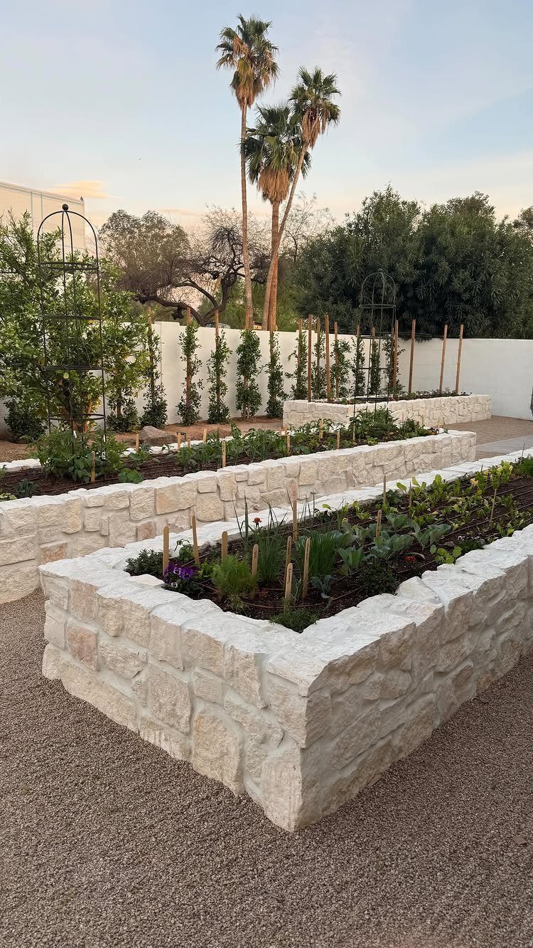 Raised Garden Beds: 9 Ideas for Materials, Layout and Drainage 5 Stone raised garden beds filled with green plants and purple flowers in a gravel courtyard.