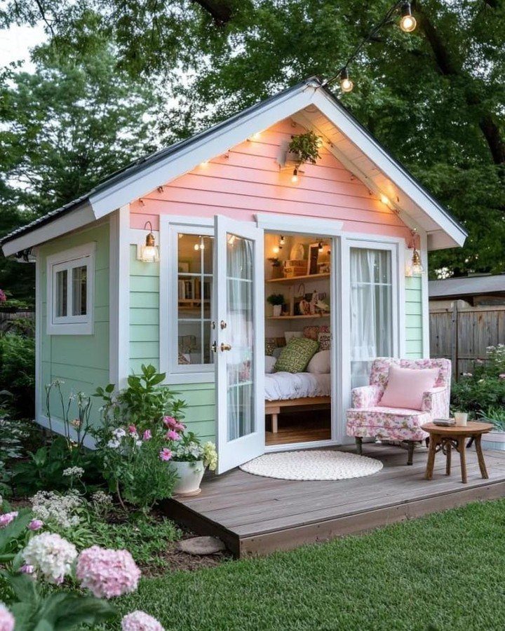 A pastel green and pink tiny shed house with a cozy interior and outdoor seating area.