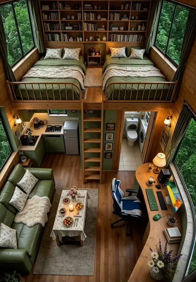 Interior view of a two-story tiny house featuring a lofted bedroom and a living area below.