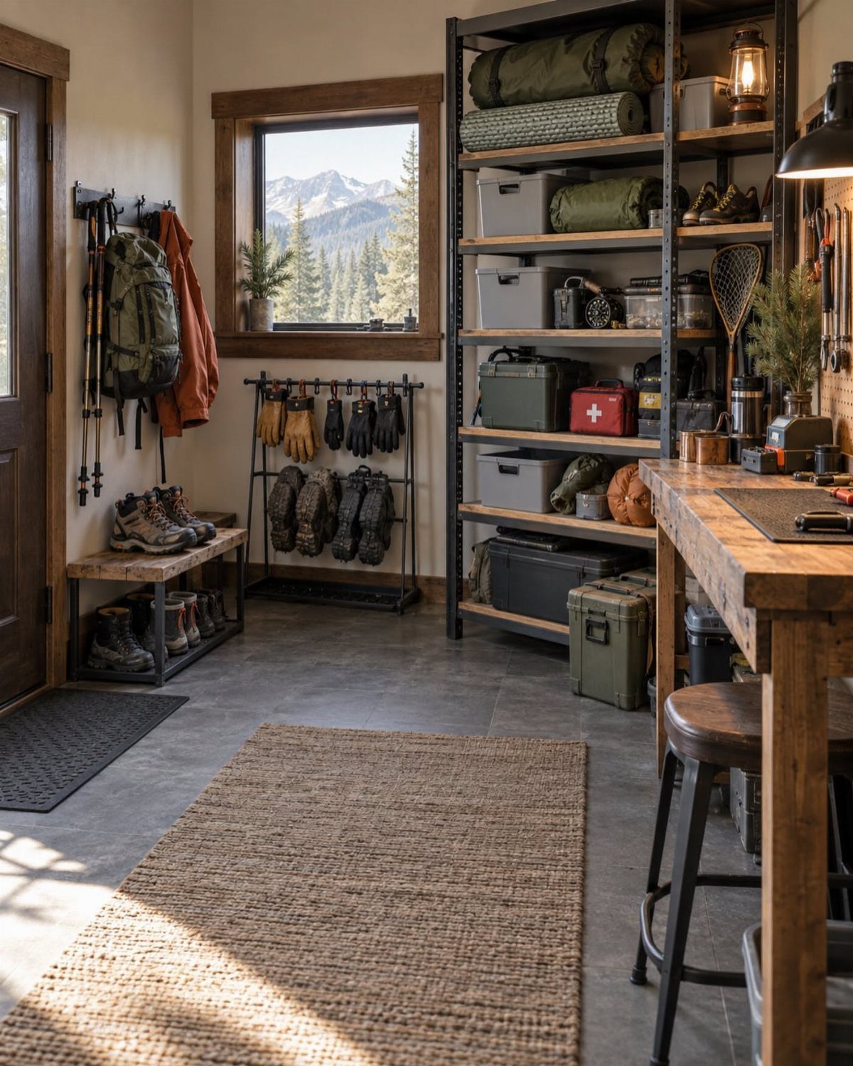 Organized storage room with metal shelves, gear, boots, and a view of mountains through a window.