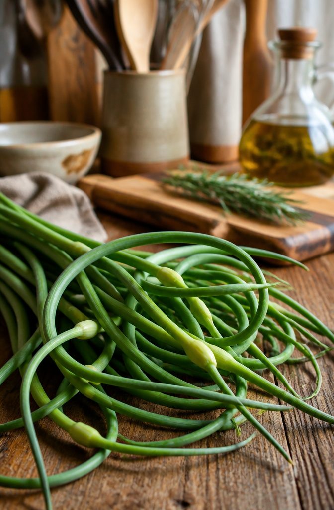 A hardneck garlic plant with curled scapes ready to be cut.