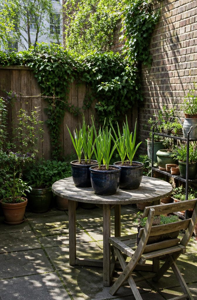 A container filled with garlic plants growing in a pot.