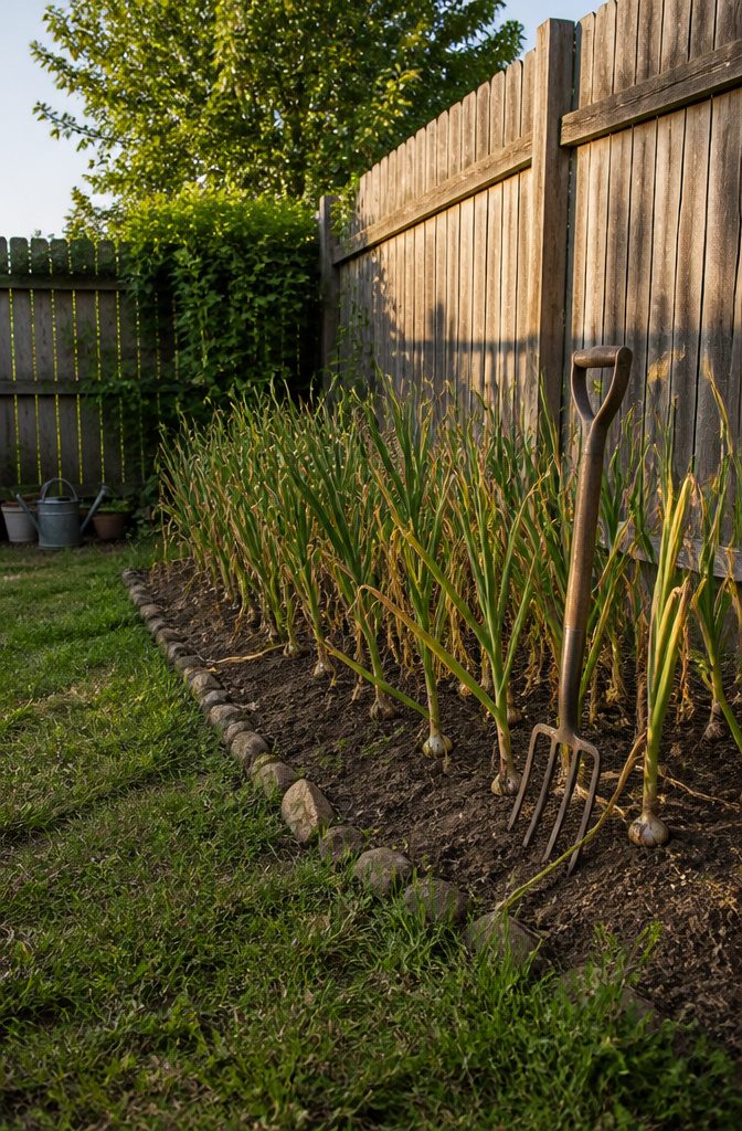 Garlic plants with yellowing lower leaves indicating readiness for harvest.