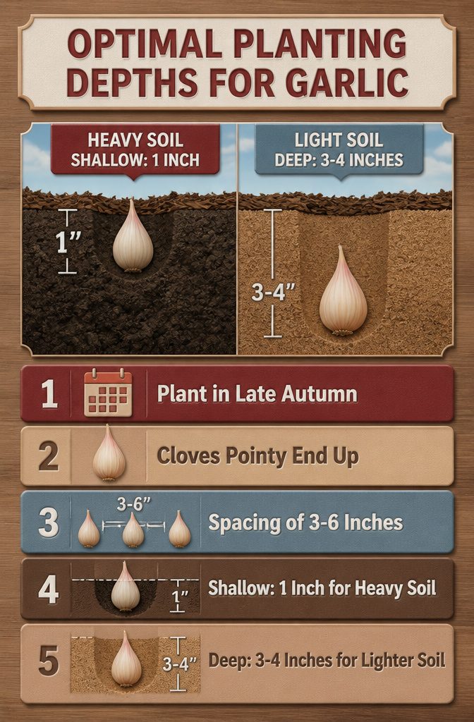 An infographic illustrating optimal planting depths for garlic.