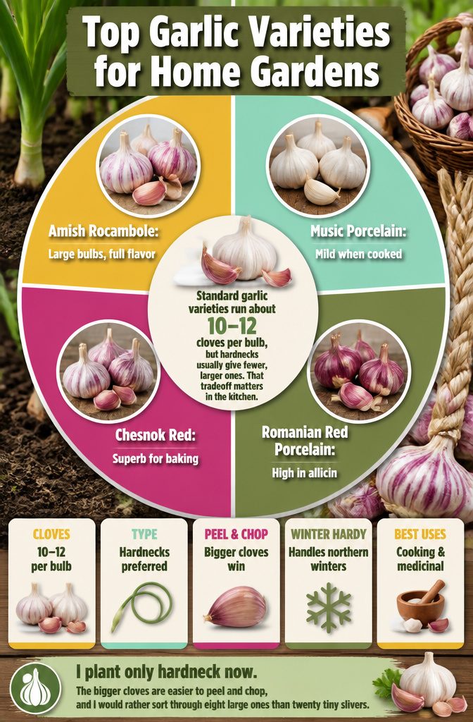 An infographic featuring various garlic varieties suitable for home gardens.