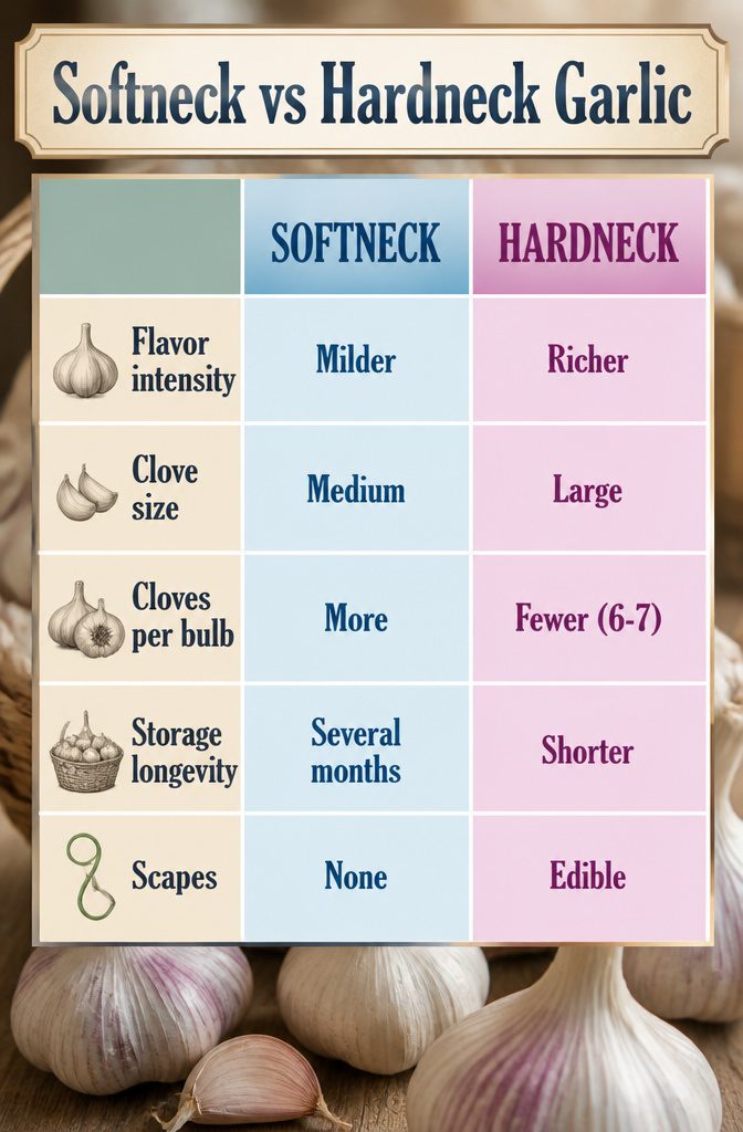 A comparison image showing softneck and hardneck garlic varieties.