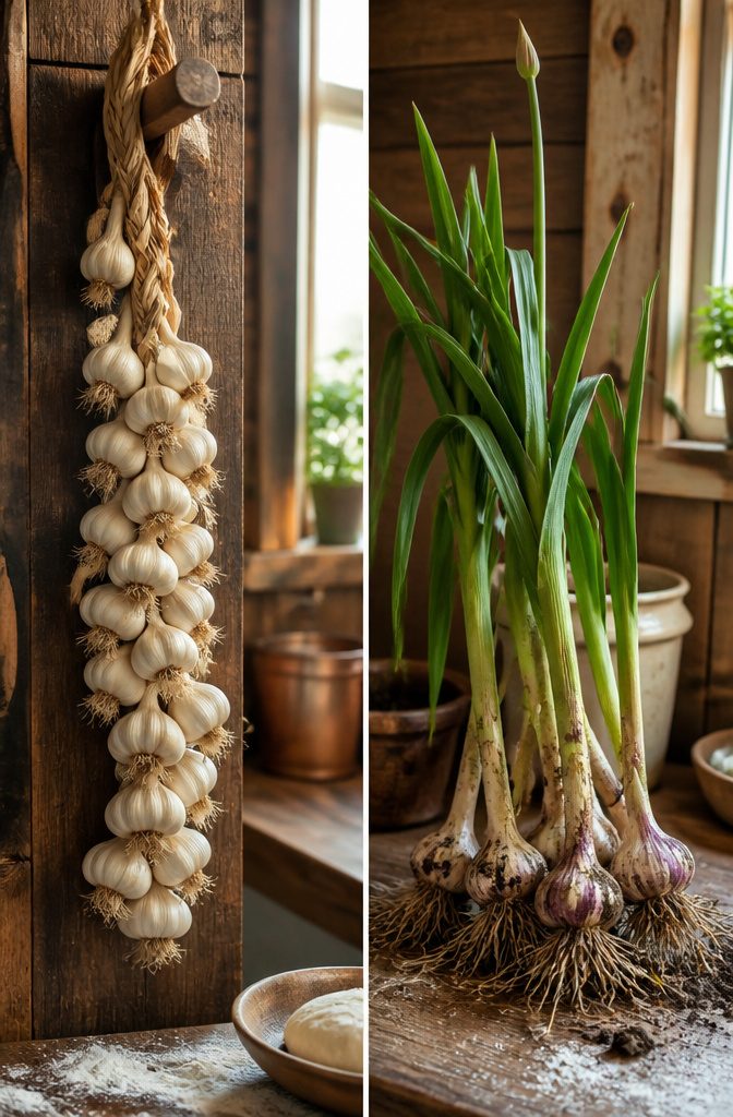 A close-up of softneck garlic bulbs, showcasing their flexible stems.