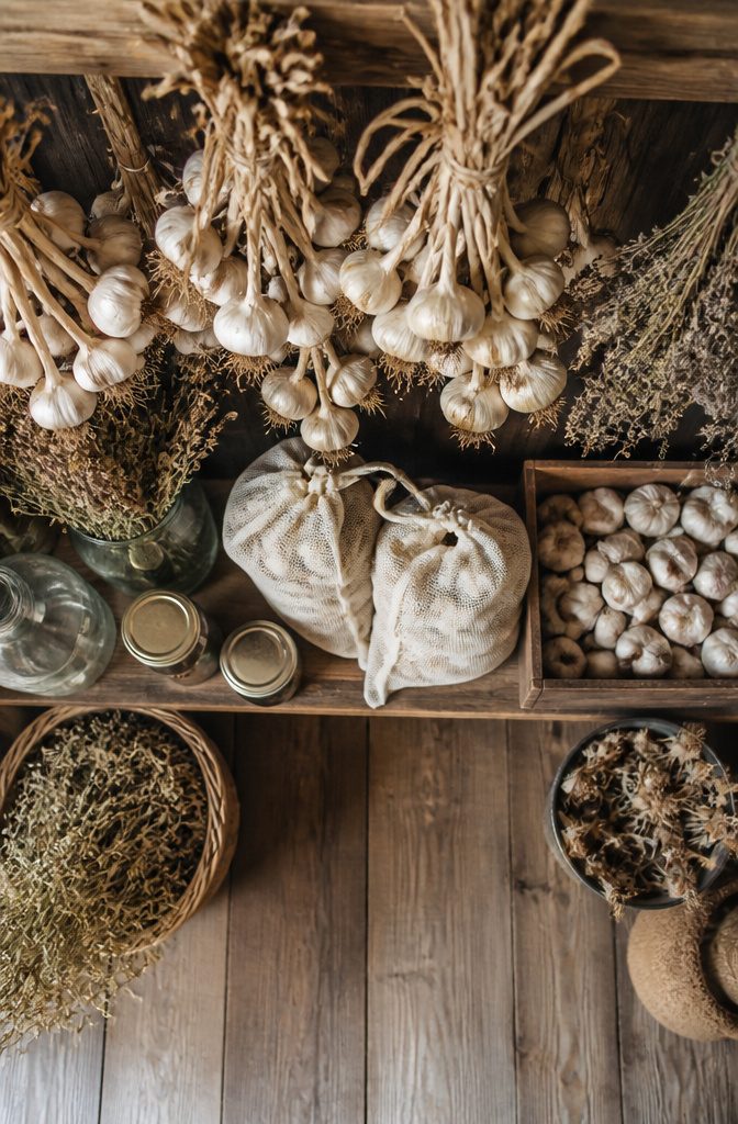 Cured garlic bulbs displayed in a cool, dry storage area.