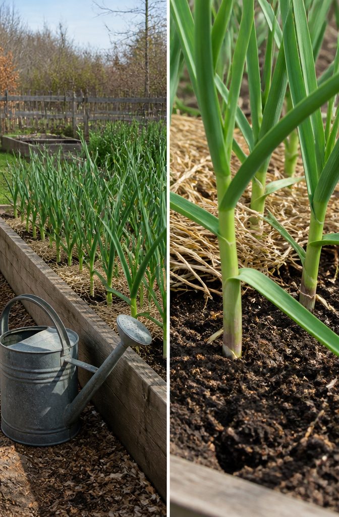 A garden scene showing green garlic leaves in spring.