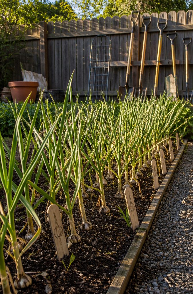 A thriving row of garlic plants stretching across a garden bed.