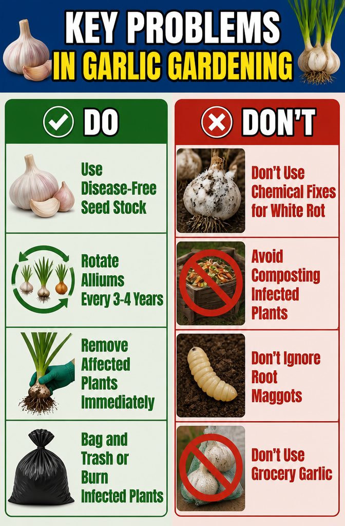 An informational graphic highlighting key problems in garlic gardening.