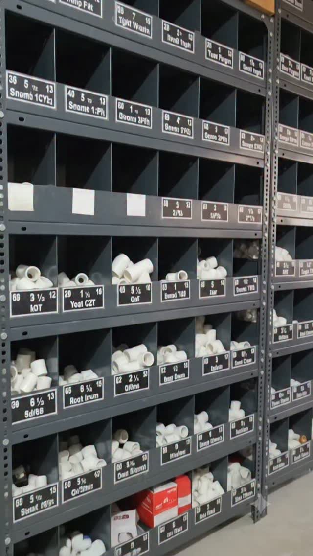 Grey metal shelving unit with many small compartments filled with white PVC pipe fittings and labels.