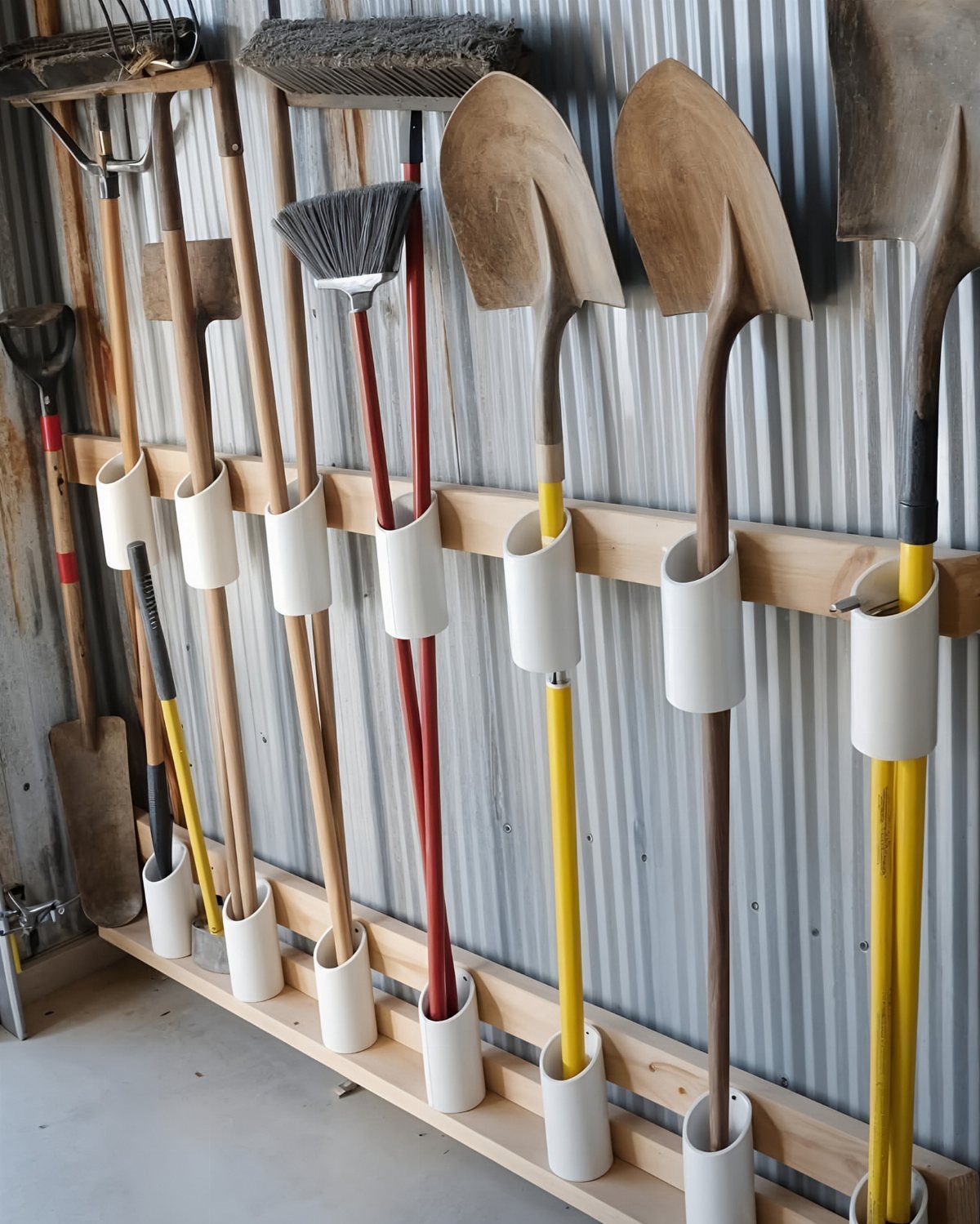 Garden tools held upright in white cylindrical holders on a wooden rack against metal siding.