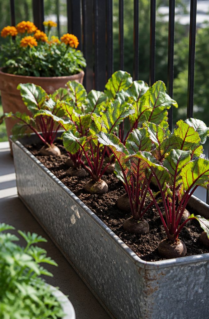 Container with beets showing vibrant tops in soil.
