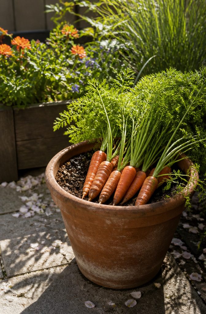 Container with vibrant orange carrots and green foliage.
