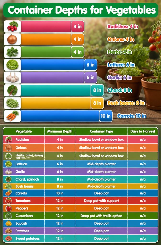 Information chart showing minimum soil depths for vegetables.