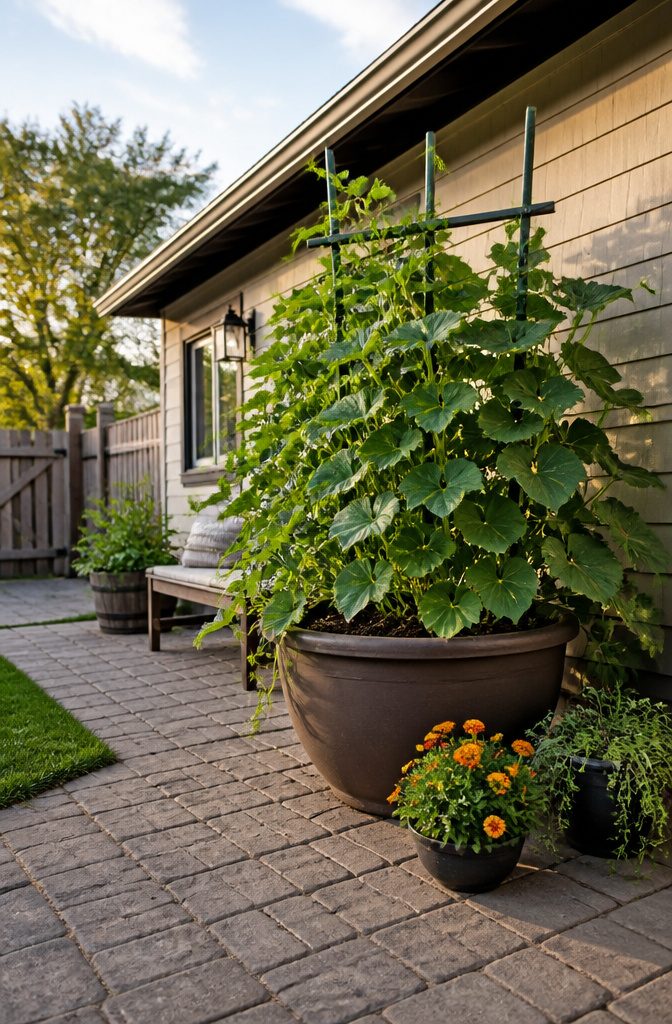 Container with cucumber plants needing deep soil for growth.